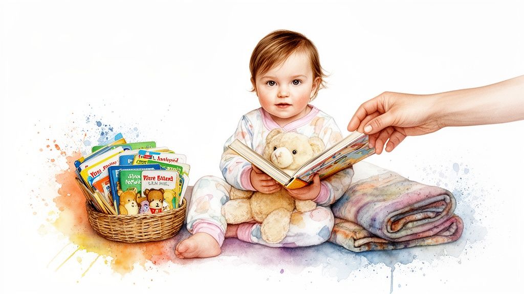 A baby in pajamas and a teddy bear read a book, surrounded by children's books and a blanket.