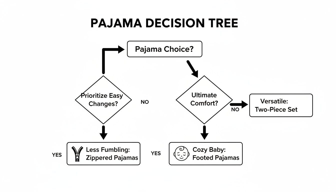 A pajama decision tree flowchart helps choose between zippered, footed, or two-piece pajamas for infants.