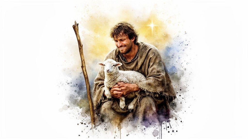 A smiling shepherd gently holds a small white lamb, rendered in a beautiful watercolor style.