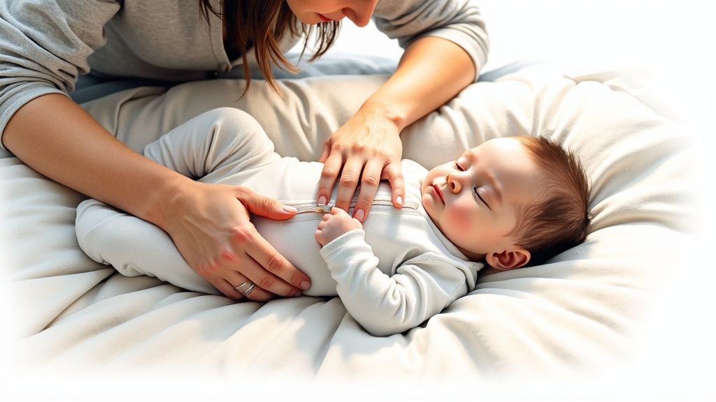 Mom gently touches her peaceful baby sleeping in a light zip-up onesie.