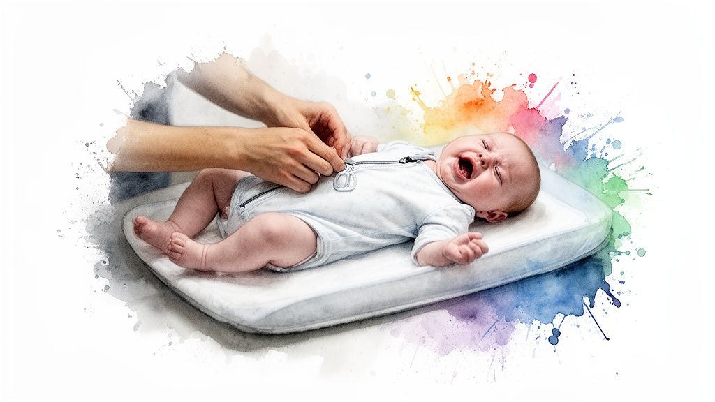 A parent's hands zip a crying baby's white onesie on a changing pad, surrounded by colorful splashes.