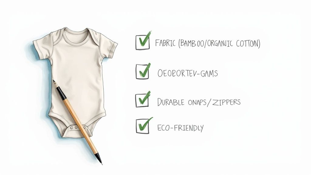 A cream-colored baby onesie with a pencil and a checklist highlighting fabric quality, durability, and eco-friendliness.