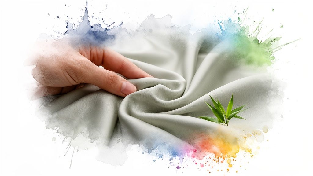 Hand gently touching soft, light green fabric, with bamboo leaves, framed by colorful watercolor splashes.