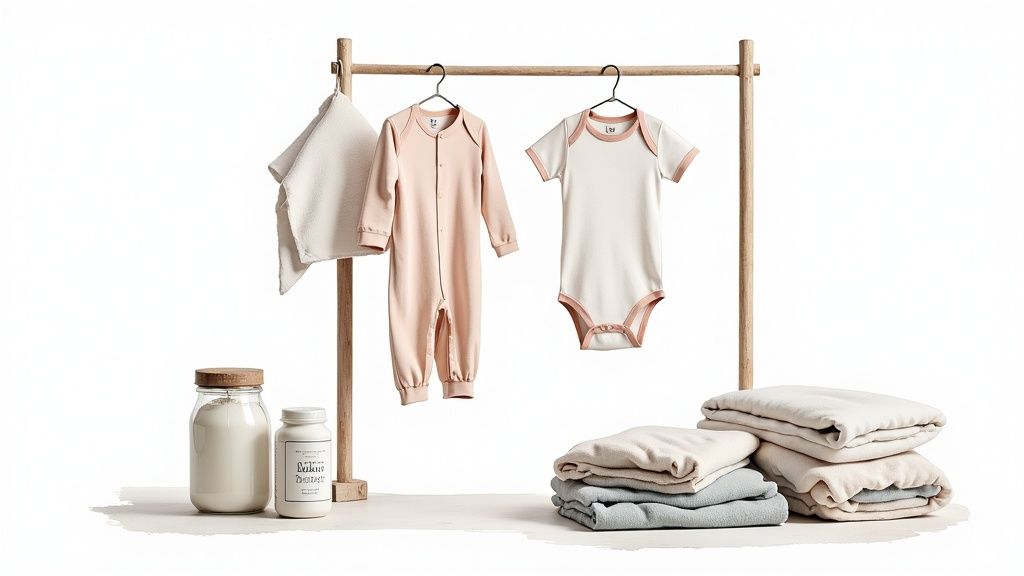 A person carefully folding a clean, soft newborn baby onesie.