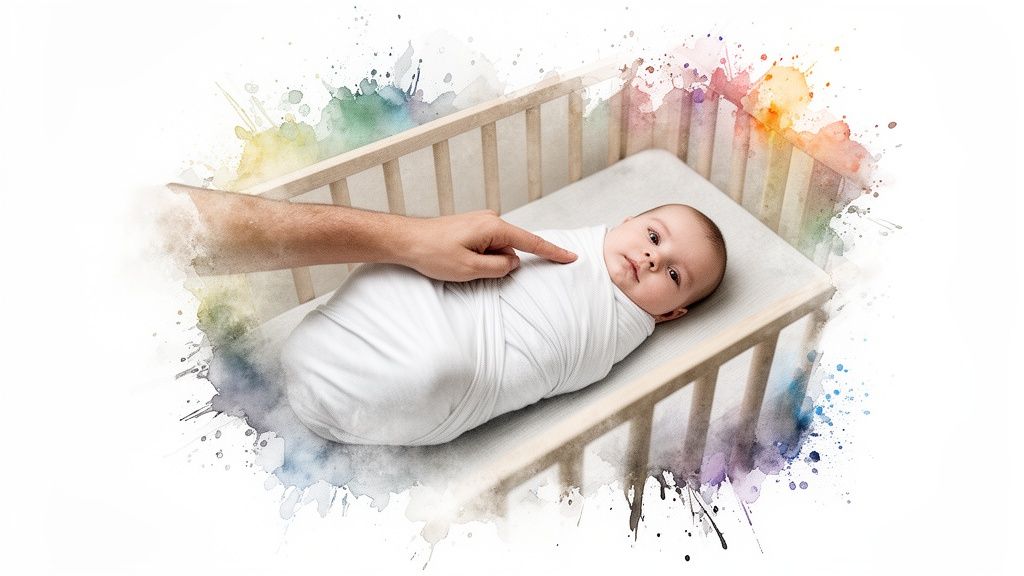 A peacefully swaddled newborn baby lies in a wooden crib, with a gentle hand touching its chest.