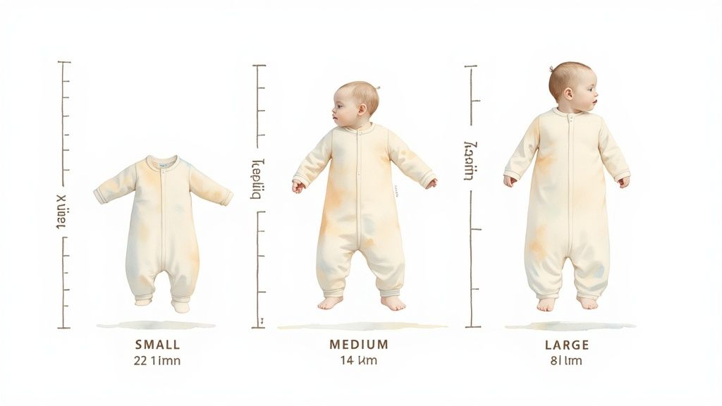 Illustration of baby sleep sack sizes: small, medium with a baby, and large with a baby.