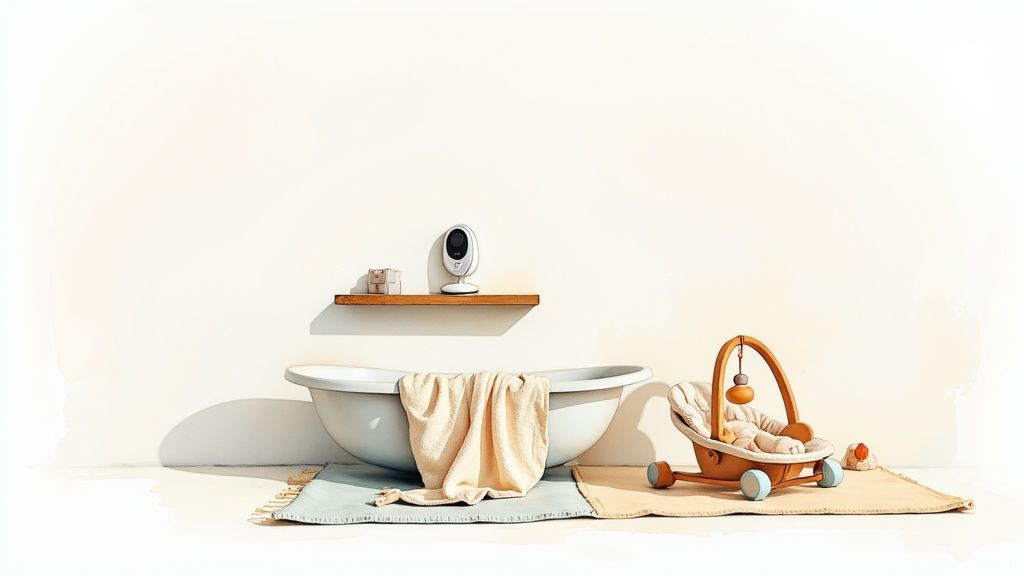 Modern baby nursery setup with white bathtub, monitor, wooden toys and soft blankets