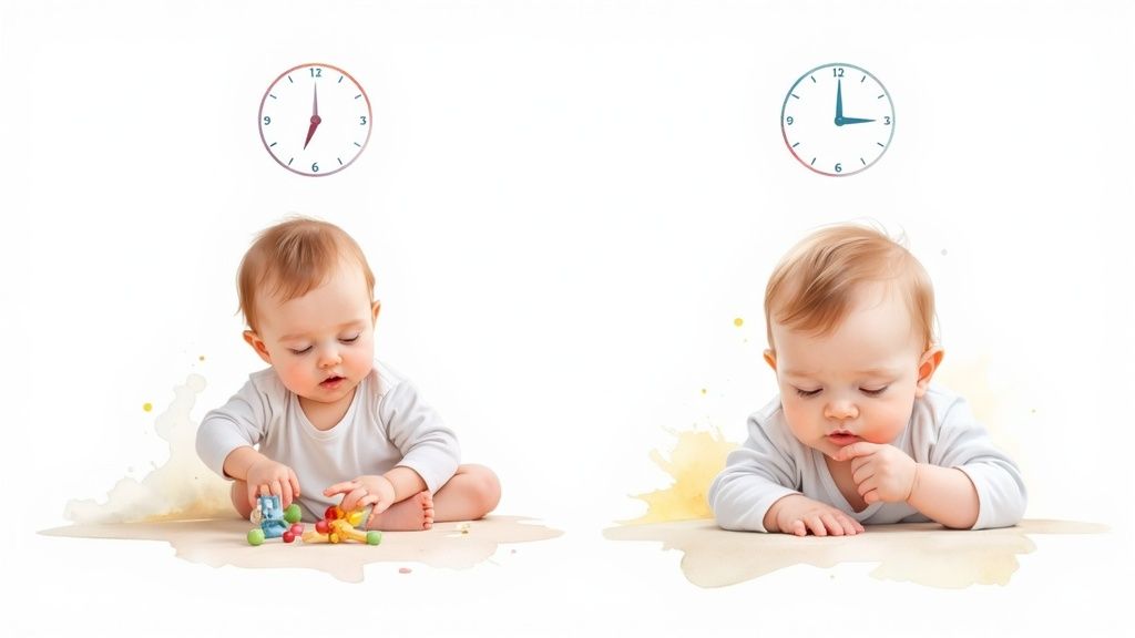 A mother gently rocks her 10-month-old baby, who is looking sleepy and content.