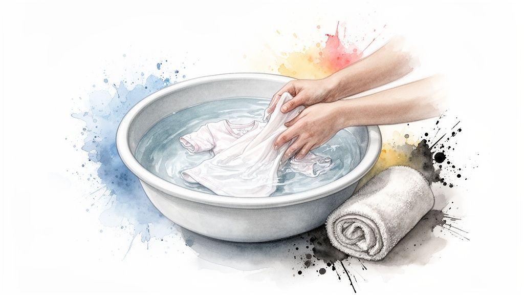 Hands washing light pink and white clothes in a basin with water, next to a rolled towel.