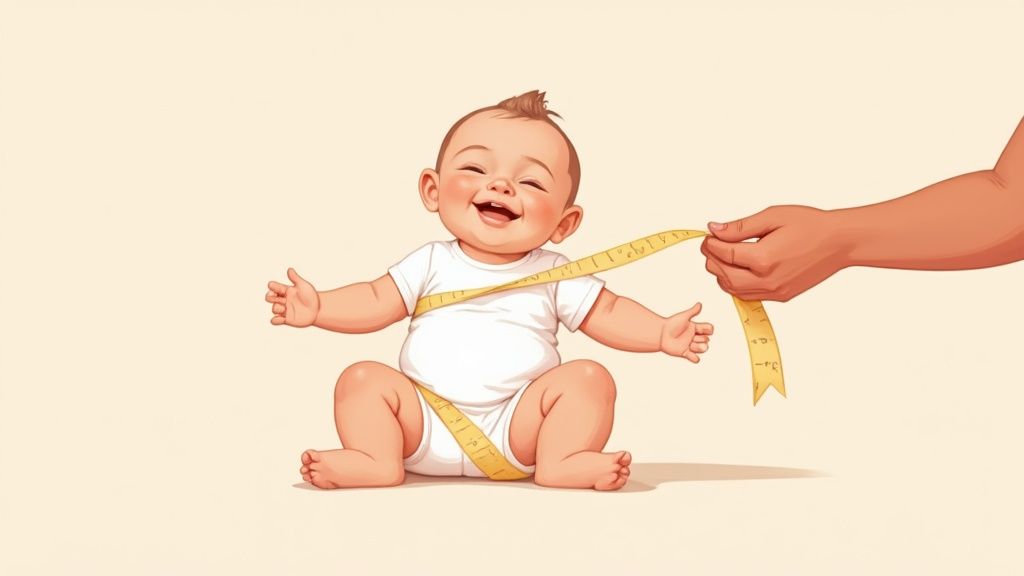 A parent gently measuring their baby's length on a soft surface