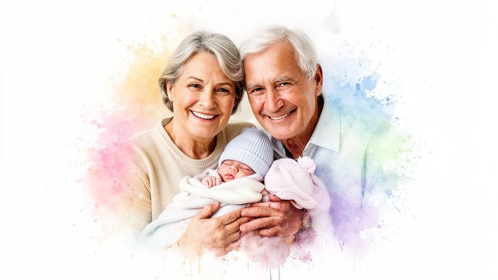 Happy grandparents smile, holding their newborn grandchild wrapped in blankets with colorful watercolor art.