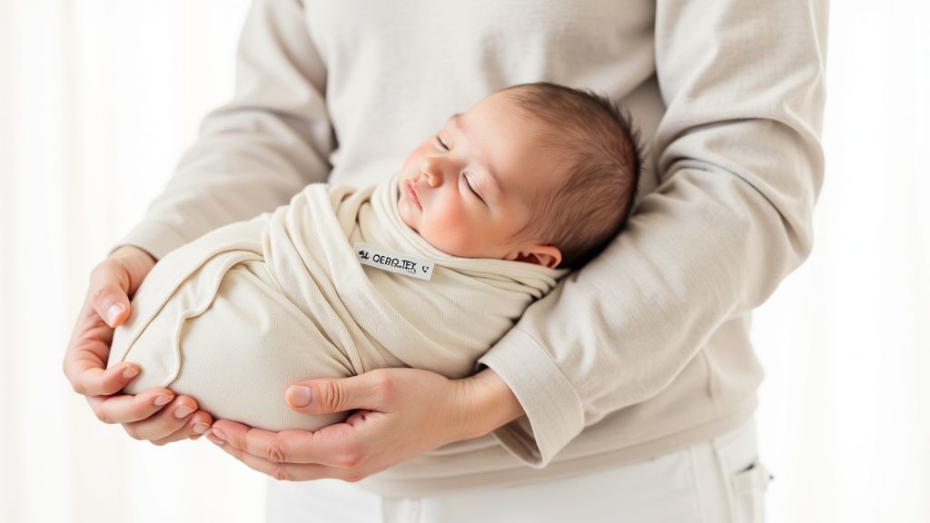 A parent gently holds their sleeping newborn baby, wrapped in a cream swaddle with an OEKO-TEX label.