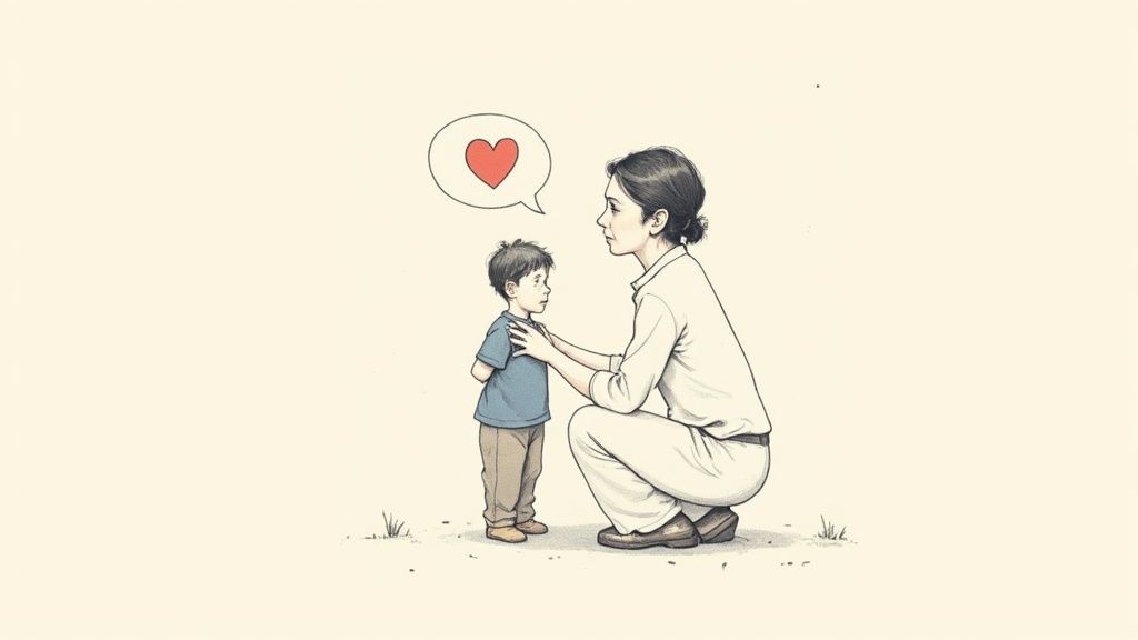 A parent kneels down to talk to their young child at eye level.