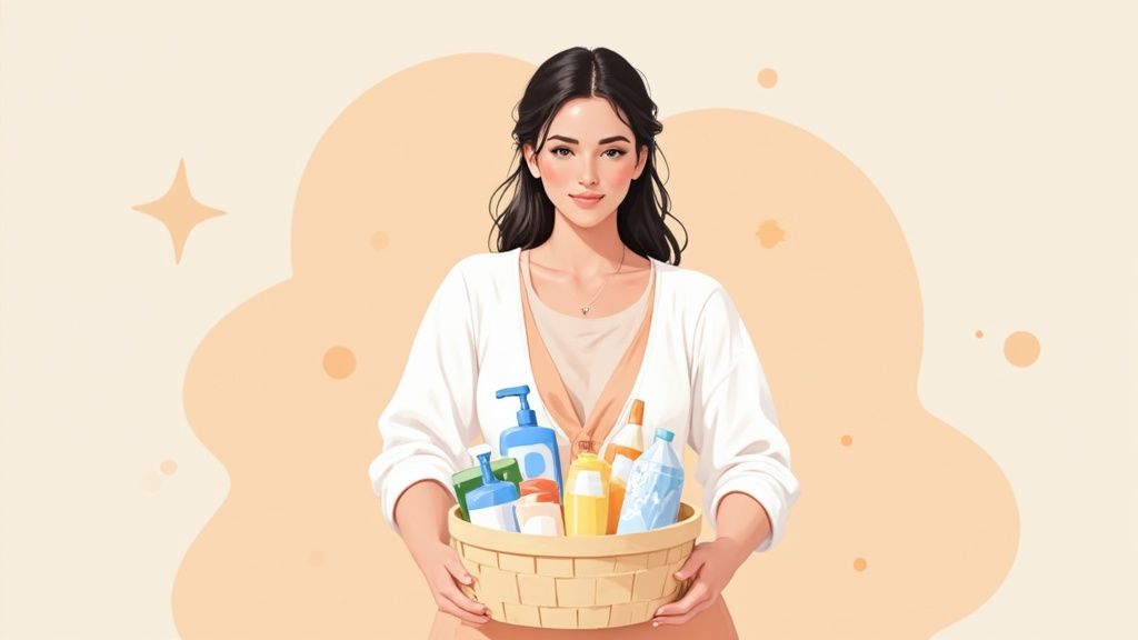 A beautifully arranged gift basket for a new mom, filled with self-care items like lotions, a candle, and soft textiles, sitting on a wooden surface.