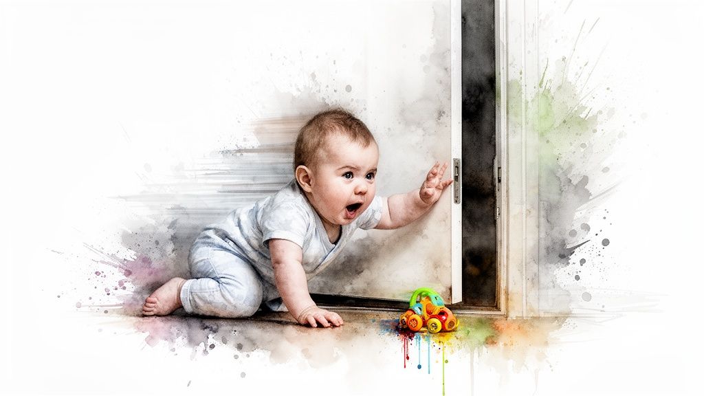 Adorable baby crawls excitedly towards a door, reaching for a colorful toy car on the floor.
