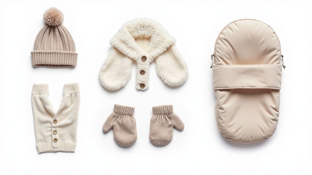 A flat lay of neutral-colored baby winter clothes: a hat, scarf, mittens, leg warmers, and a footmuff.
