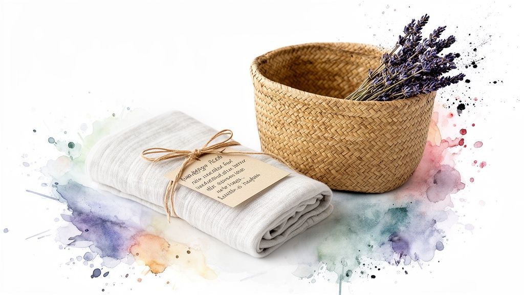 A cozy light grey blanket with a tag and a basket of fresh lavender, surrounded by colorful watercolor splatters.
