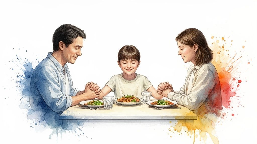 A watercolor illustration of a family (father, son, mother) praying together before a meal.
