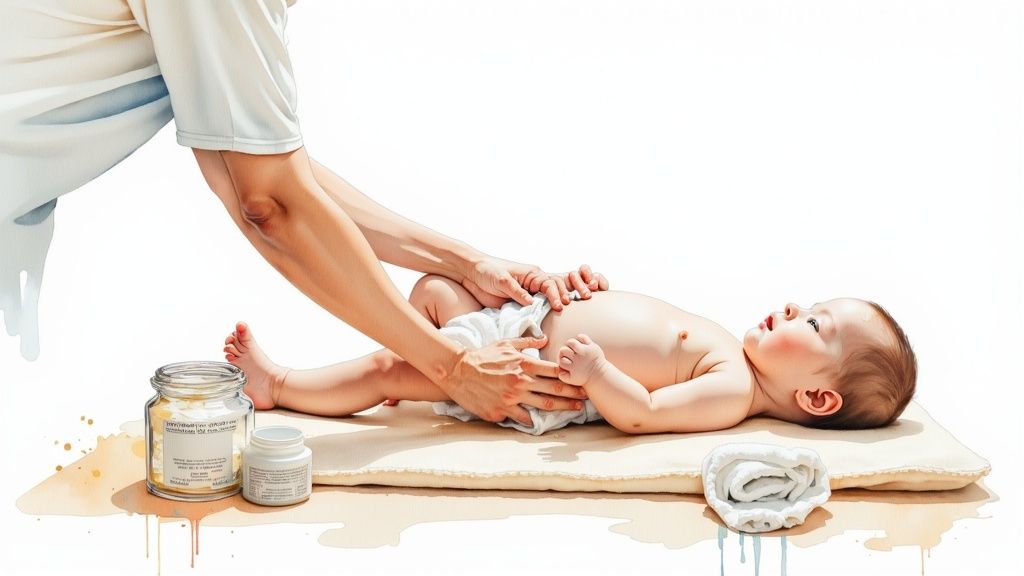 Watercolor illustration of an adult changing a baby's diaper on a pad, with baby creams nearby.