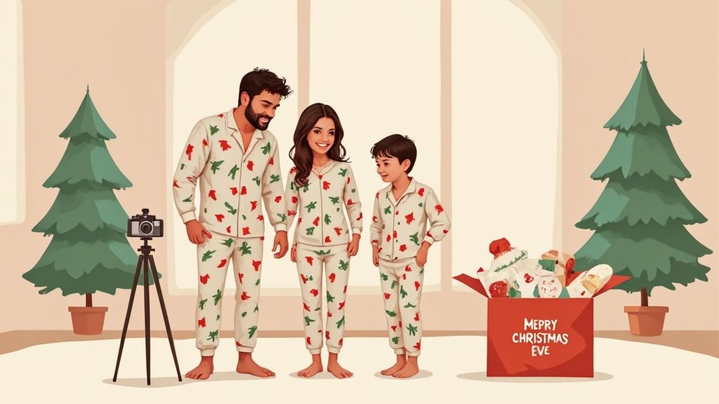 A baby in bamboo Christmas pajamas smiles while sitting on a fluffy white rug.