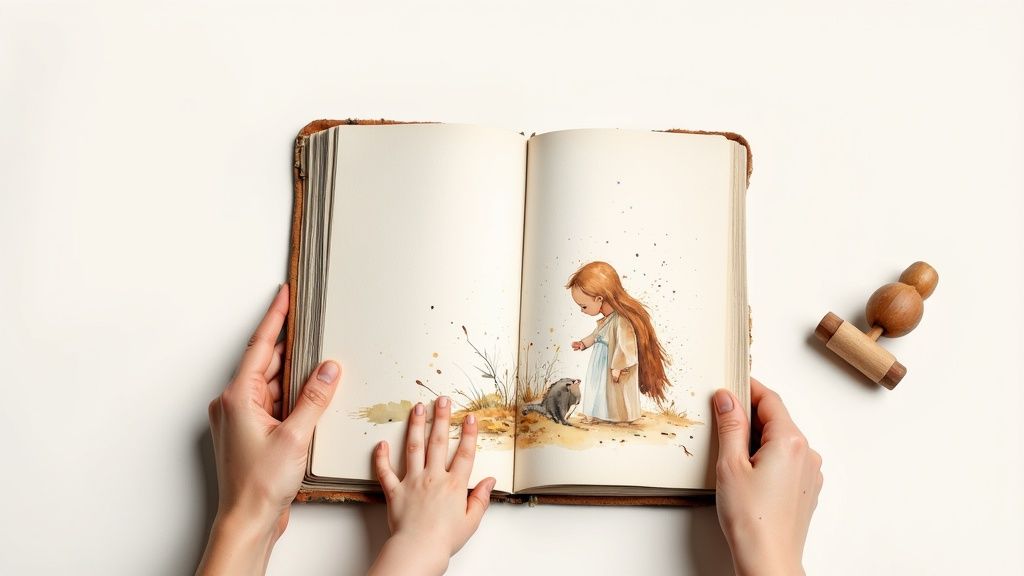 Hands holding open storybook with watercolor illustration of girl and rabbit in sandy landscape