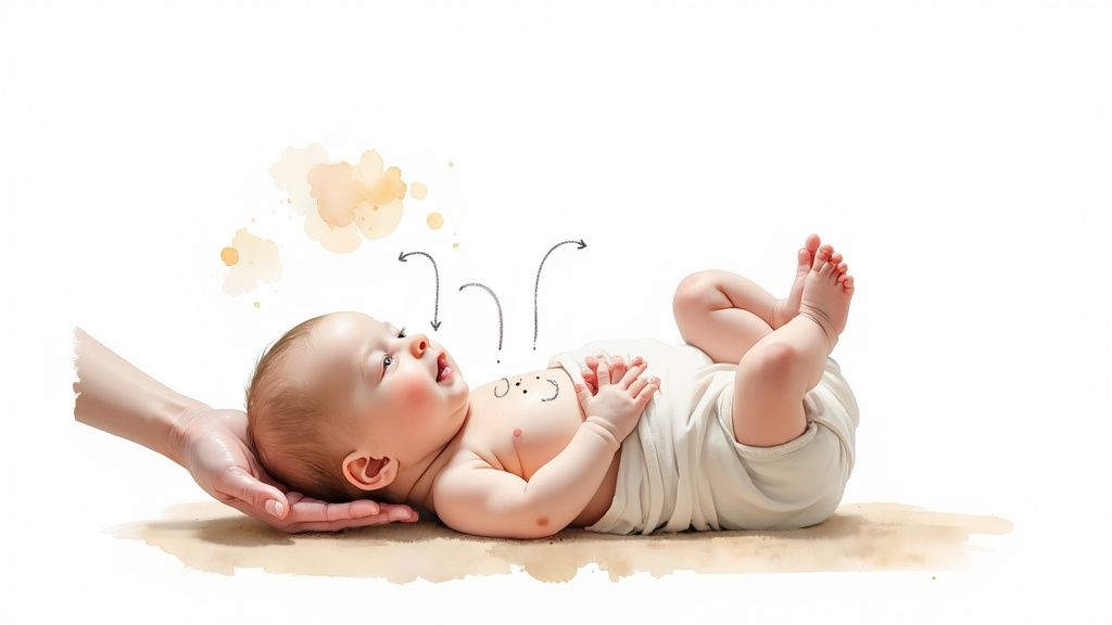 A happy baby on its back, a hand gently supporting its head, illustrating hip-healthy leg position.