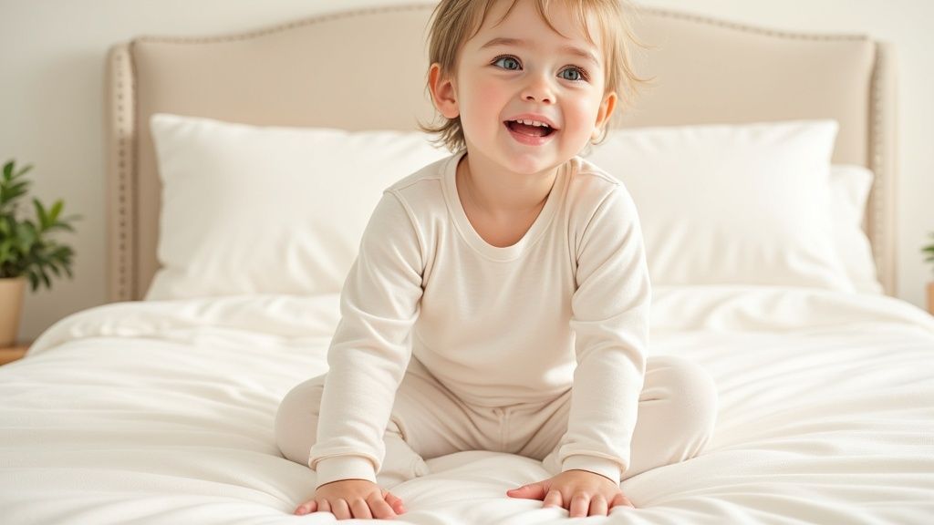 A toddler wearing comfortable pajamas while playing on a bed