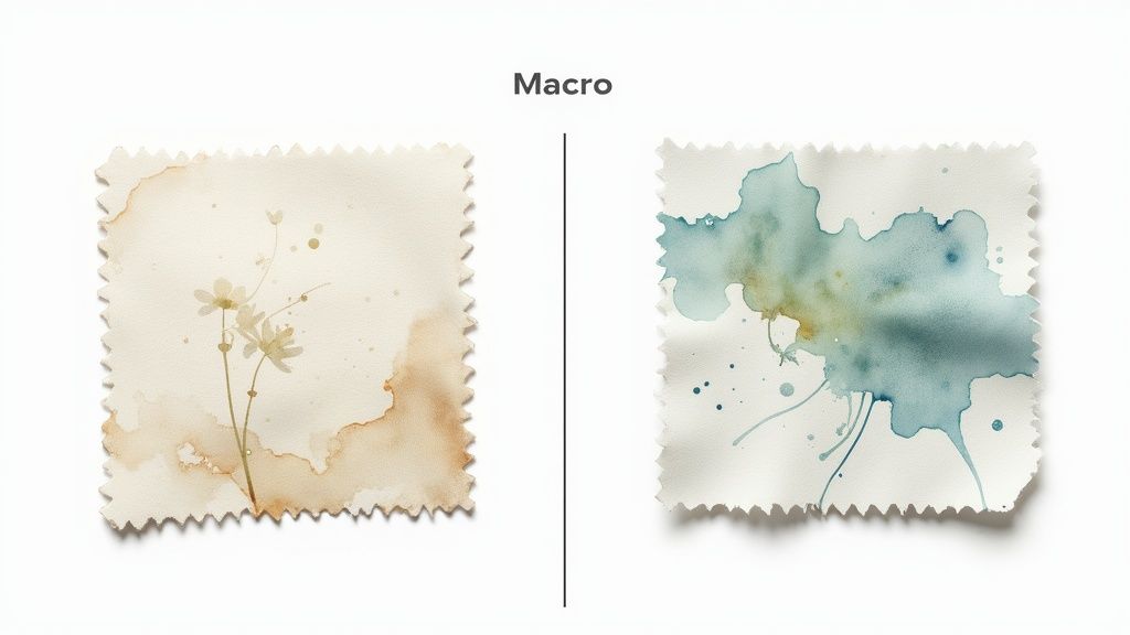 Watercolor fabric swatches: delicate flowers with brown stains and abstract blue-green splatters.