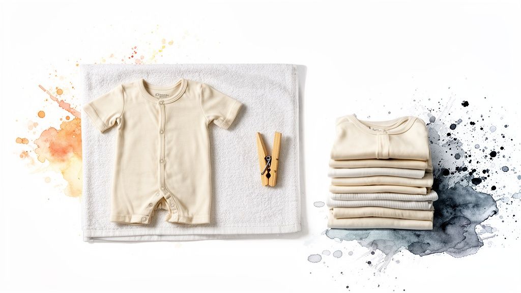 Natural-colored baby clothes, a wooden clothespin, and a towel with watercolor accents.
