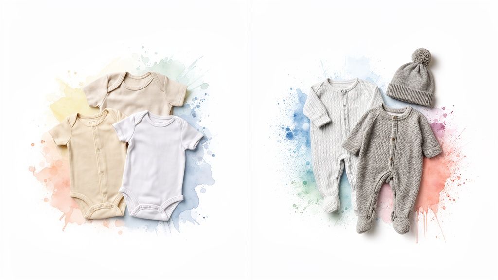Neutral baby bodysuits, rompers, and a hat displayed on a white background with colorful watercolor splashes.