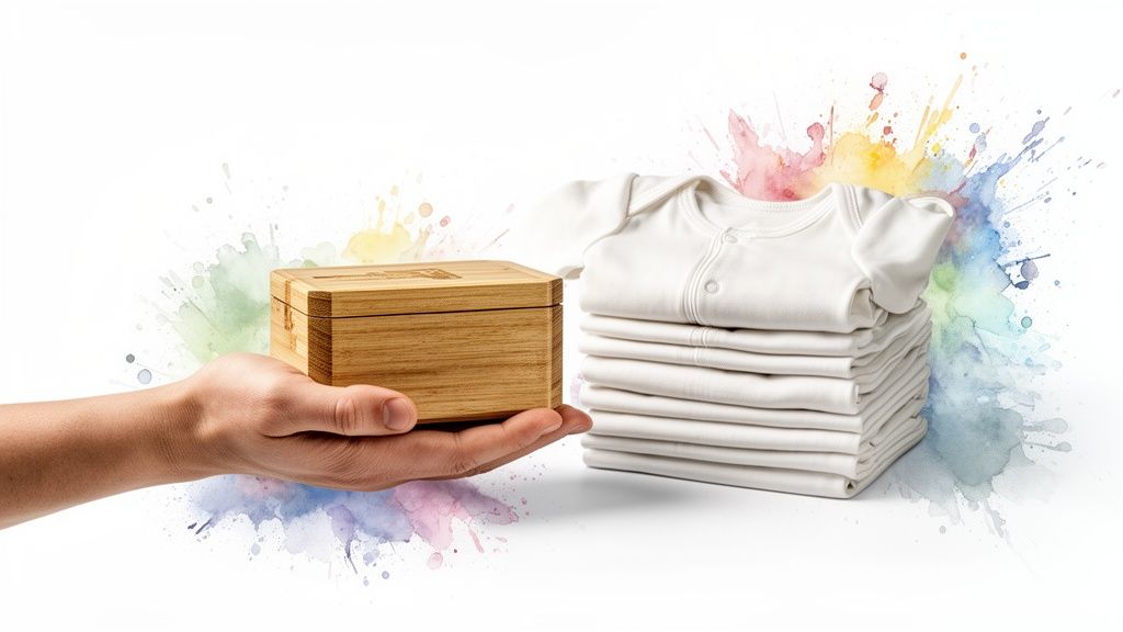 A hand holds a small wooden box next to a stack of white baby bodysuits, with colorful paint splatters.