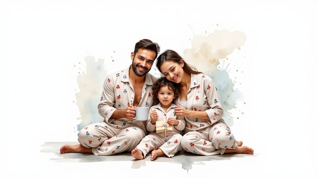 A happy family of three wearing matching patterned pajamas sits on the floor, smiling.