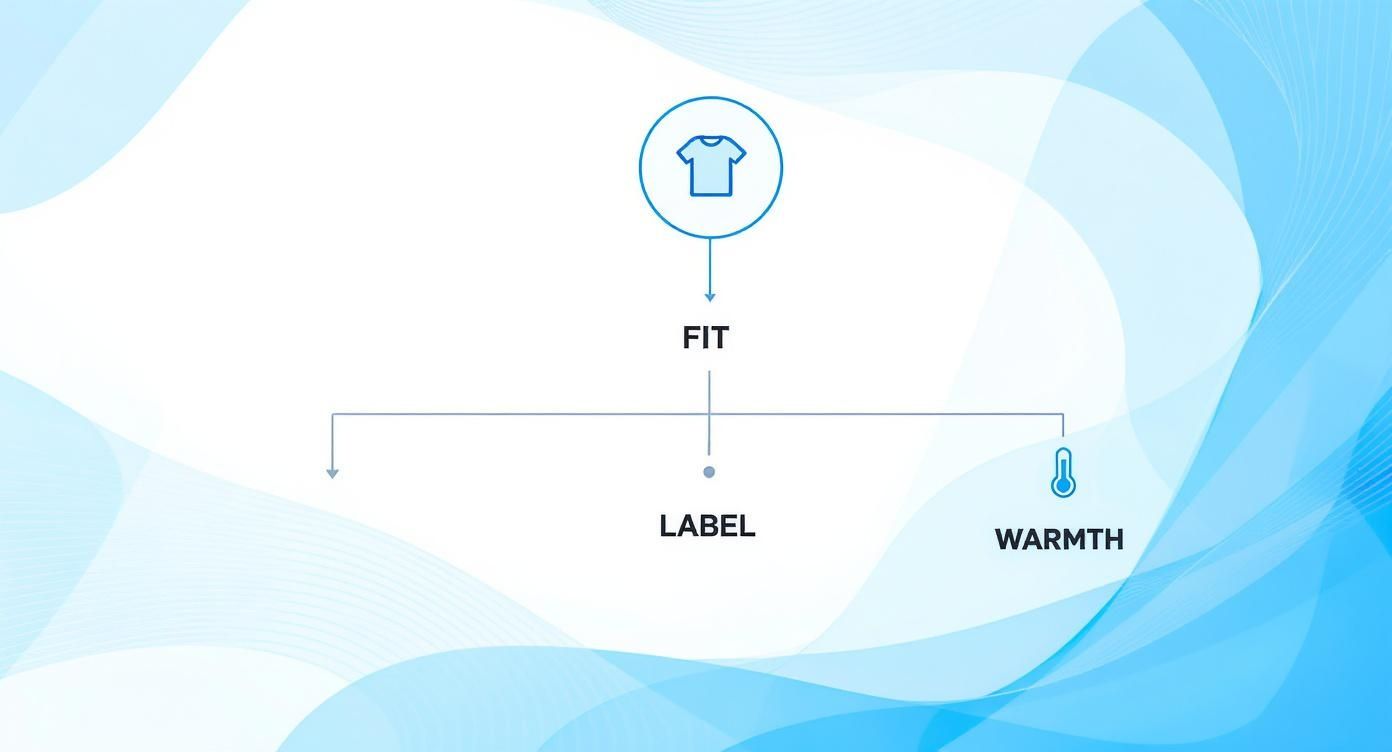 Infographic illustrating a t-shirt's key features: fit, label, and warmth with a thermometer icon.