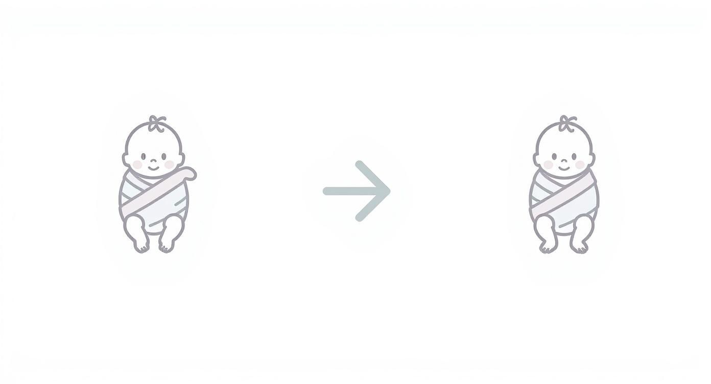 Cartoon illustrating a transition from unsafe tight swaddling to hip-healthy swaddling for babies.