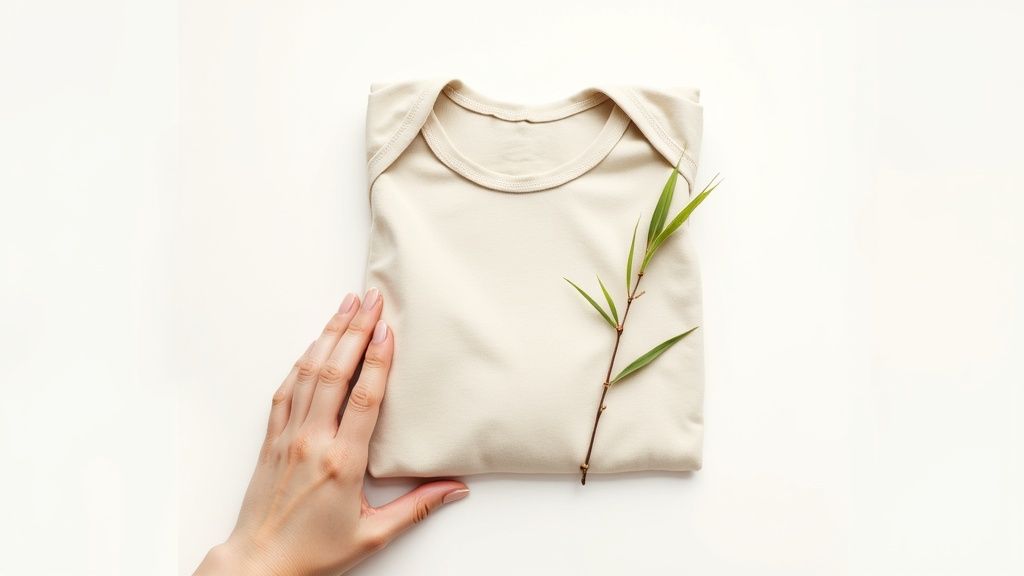 A soft, folded bamboo baby outfit next to a plant, highlighting its natural and gentle qualities.