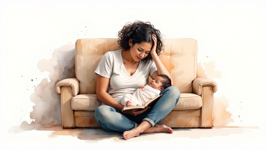 Mother holding baby while sitting on couch reading devotional book in peaceful home setting