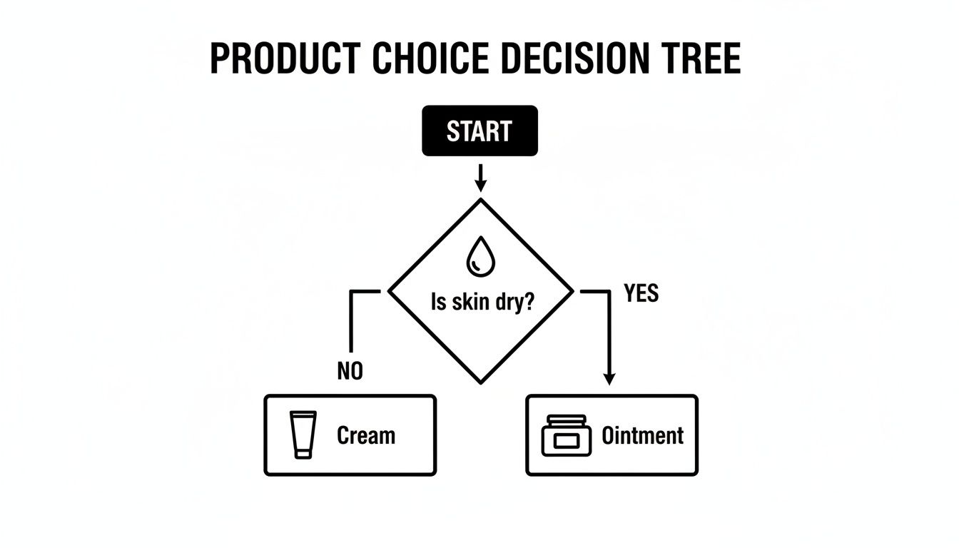 Decision tree flowchart illustrating product choice: use cream if skin is not dry, ointment if skin is dry.