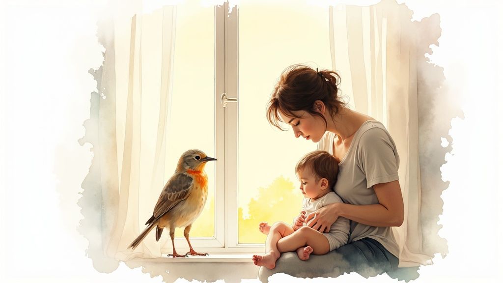 A mother and her young child looking at a book together in a sunlit room.