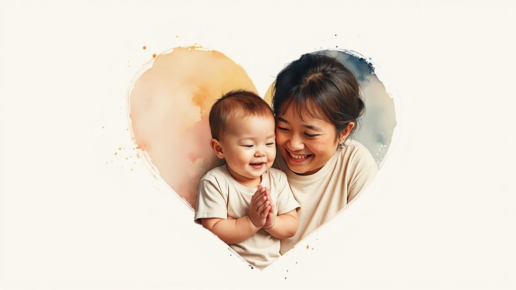 A parent and child praying together with hands folded.