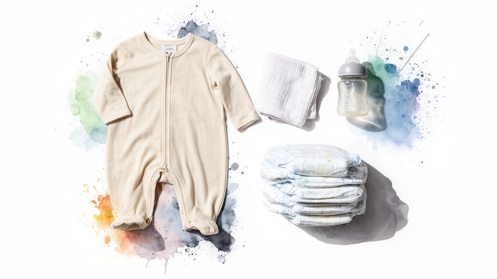 A flat lay of newborn baby essentials: a beige onesie, white burp cloths, a baby bottle, and a stack of diapers on a watercolor background.