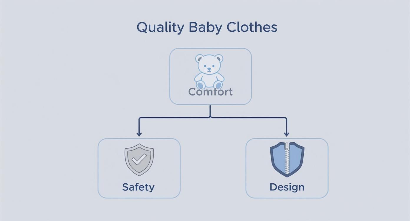 Diagram illustrating key attributes of quality baby clothes: comfort, safety, and design.