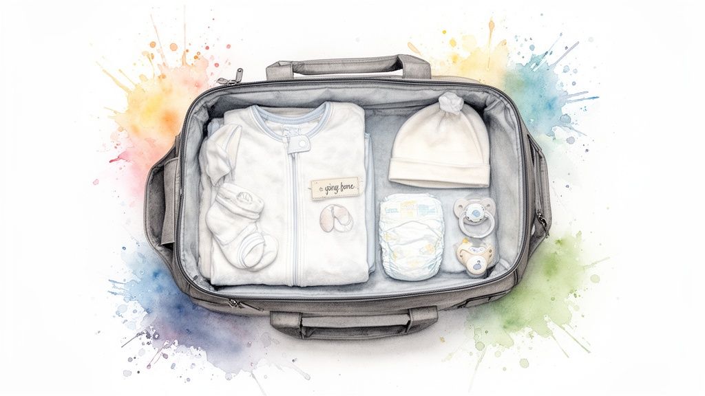 A neatly packed hospital bag for a newborn, featuring clothes, a diaper, and pacifiers, on a watercolor background.