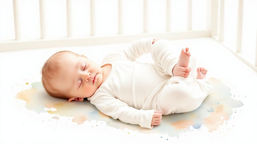 A newborn baby sleeping peacefully in a light-colored sleep sack in a crib.