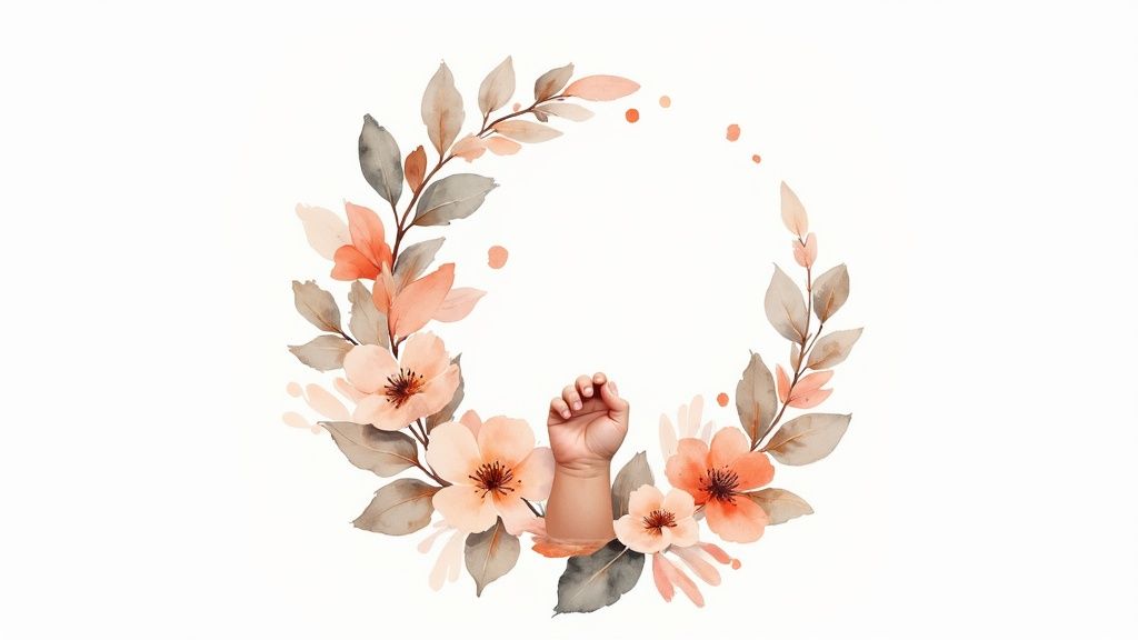 Watercolor wreath of peach and grey flowers surrounds a baby's clenched fist.