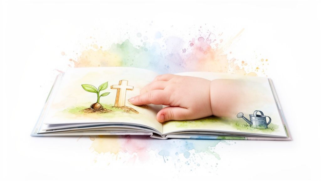 Baby's hand pointing at a cross and sprout in an open Christian board book with watercolor splashes.
