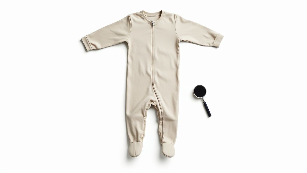 A beige baby romper with a full-length zipper and a small magnifying glass on a white background.