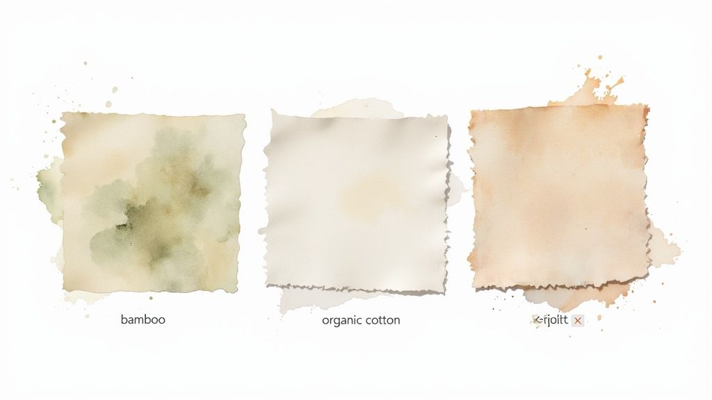 Watercolor swatches of bamboo, organic cotton, and r-fjollt fabrics on a white background.