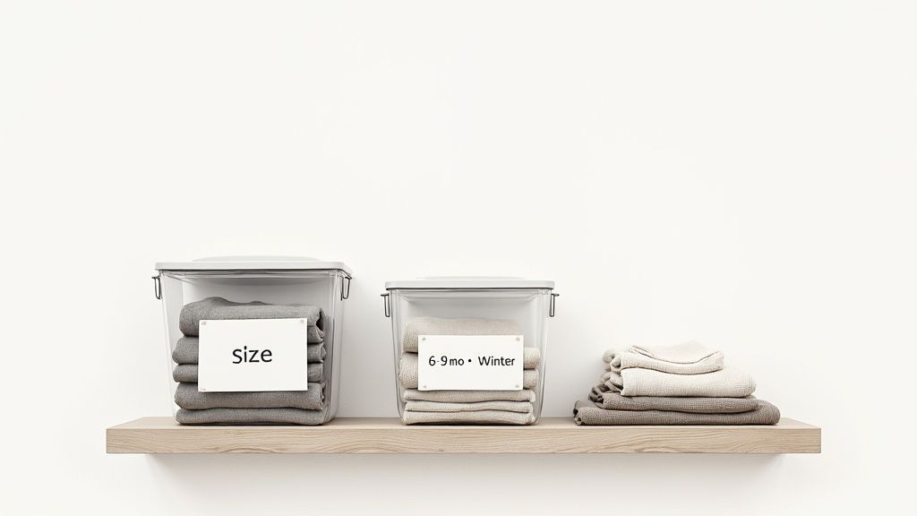 Organized baby clothes neatly folded in clear storage bins and a stack on a wooden shelf.