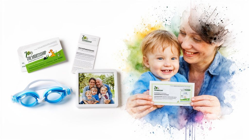 A happy family image with zoo membership cards, a framed family photo, blue goggles, and a smiling mother and child.
