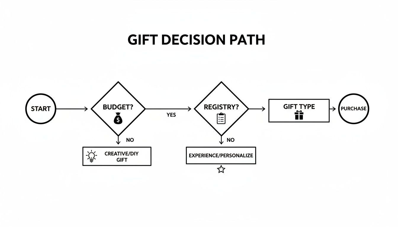 A flowchart outlining the gift decision path, considering budget, registry, and leading to creative, experience, or traditional gifts.